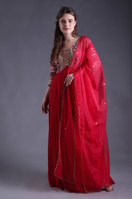 Shop_House Of Tushaom_Red Organza, Georgette Embroidered Yoke Anarkali With Scallop Hem Dupatta _Online_at_Aza_Fashions