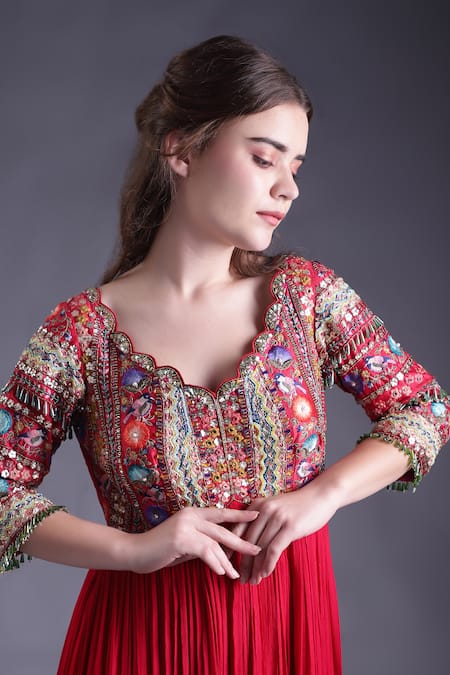 House Of Tushaom_Red Organza, Georgette Embroidered Yoke Anarkali With Scallop Hem Dupatta _at_Aza_Fashions