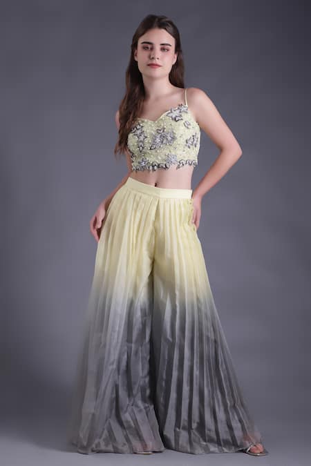House Of Tushaom_Yellow Organza Pearls, Sequins, Beads Leaf Embroidered Blouse Sharara Set _Online_at_Aza_Fashions