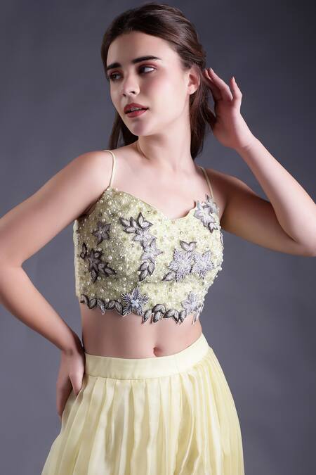 Shop_House Of Tushaom_Yellow Organza Pearls, Sequins, Beads Leaf Embroidered Blouse Sharara Set _Online_at_Aza_Fashions