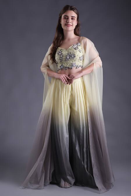 House Of Tushaom_Yellow Organza Pearls, Sequins, Beads Leaf Embroidered Blouse Sharara Set _at_Aza_Fashions
