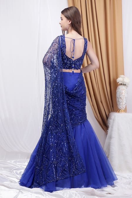 House Of Tushaom Botanical Motif Mermaid Pre-Draped Saree With Blouse 