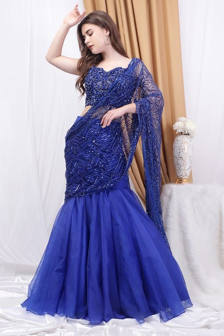 House Of Tushaom_Blue Organza, Net Beads Botanical Motif Mermaid Pre-draped Saree With Blouse _Online_at_Aza_Fashions