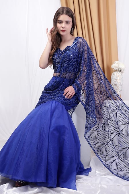 Shop_House Of Tushaom_Blue Organza, Net Beads Botanical Motif Mermaid Pre-draped Saree With Blouse _Online_at_Aza_Fashions