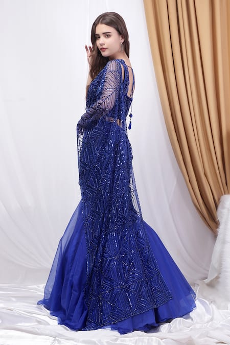 House Of Tushaom_Blue Organza, Net Beads Botanical Motif Mermaid Pre-draped Saree With Blouse _at_Aza_Fashions