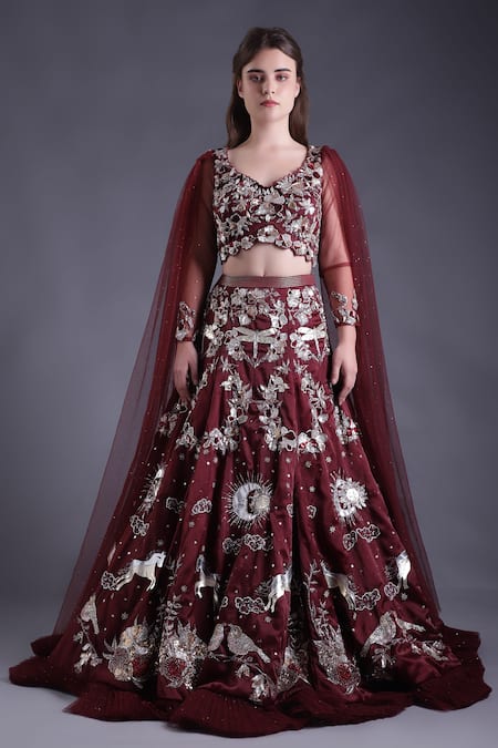 House Of Tushaom_Wine Net, Satin, Organza Sequins, Stones, Heavy Embroidered Lehenga With Blouse _Online_at_Aza_Fashions