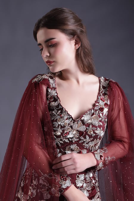 Buy_House Of Tushaom_Wine Net, Satin, Organza Sequins, Stones, Heavy Embroidered Lehenga With Blouse _Online_at_Aza_Fashions