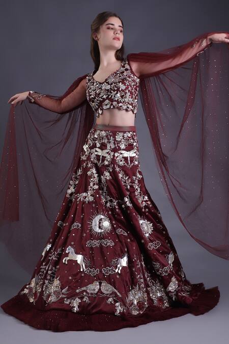Shop_House Of Tushaom_Wine Net, Satin, Organza Sequins, Stones, Heavy Embroidered Lehenga With Blouse _Online_at_Aza_Fashions