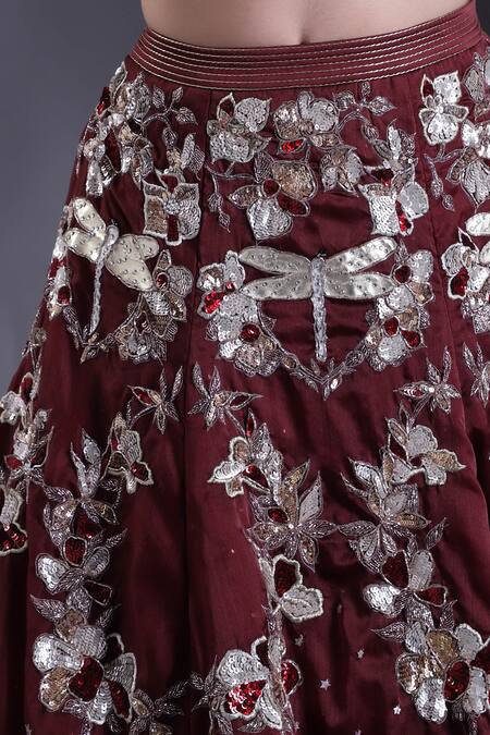 House Of Tushaom_Wine Net, Satin, Organza Sequins, Stones, Heavy Embroidered Lehenga With Blouse _at_Aza_Fashions