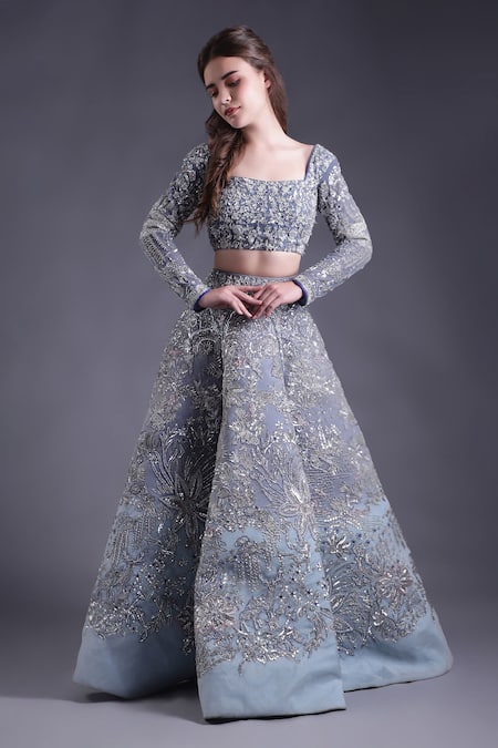 House Of Tushaom_Blue Net, Chanderi Sequins, Stones, Floral Hand Embroidered Lehenga Blouse Set _Online_at_Aza_Fashions