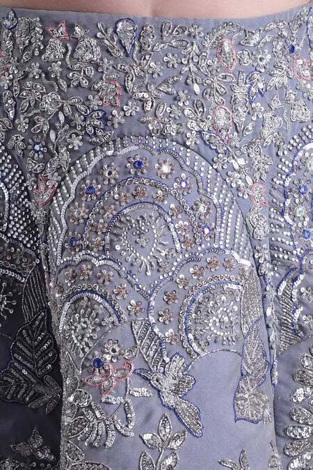 Buy_House Of Tushaom_Blue Net, Chanderi Sequins, Stones, Floral Hand Embroidered Lehenga Blouse Set _Online_at_Aza_Fashions