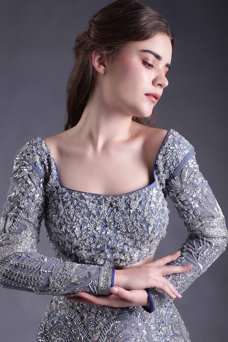 Shop_House Of Tushaom_Blue Net, Chanderi Sequins, Stones, Floral Hand Embroidered Lehenga Blouse Set _Online_at_Aza_Fashions