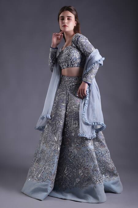House Of Tushaom_Blue Net, Chanderi Sequins, Stones, Floral Hand Embroidered Lehenga Blouse Set _at_Aza_Fashions