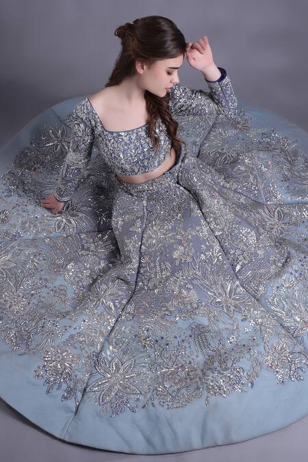 Buy_House Of Tushaom_Blue Net, Chanderi Sequins, Stones, Floral Hand Embroidered Lehenga Blouse Set 