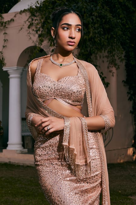 Buy SAANJH BY LEA Gold Net Sequins Sweetheart Neck Nazia Hand Embroidered Lehenga Set Online at Aza Fashions Buy_SAANJH BY LEA_Gold Net Sequins Sweetheart Neck Nazia Hand Embroidered Lehenga Set _Online_at_Aza_Fashions