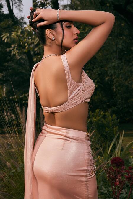 Buy_SAANJH BY LEA_Rose Gold Organza, Satin Beads Amber Shimmer Pre-draped Saree With Blouse _Online_at_Aza_Fashions
