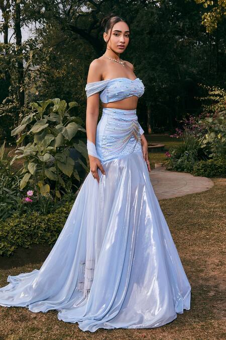 SAANJH BY LEA_Blue Satin, Chiffon Sequins Sweetheart Jasmine And Bead Embroidered Lehenga Set _Online_at_Aza_Fashions