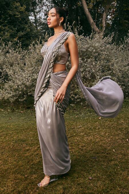 SAANJH BY LEA_Silver Satin, Chiffon Sobia Embroidered Border Pre-draped Saree With Blouse _Online_at_Aza_Fashions