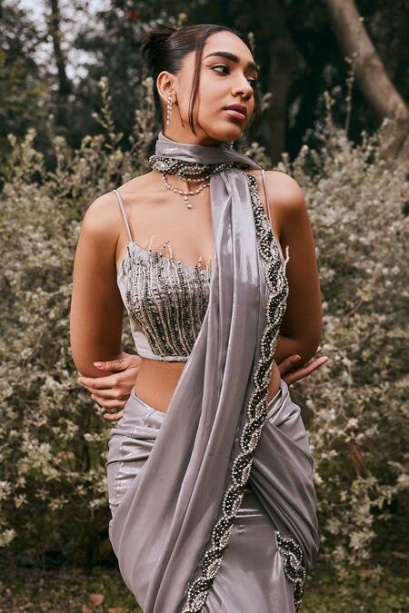 Buy_SAANJH BY LEA_Silver Satin, Chiffon Sobia Embroidered Border Pre-draped Saree With Blouse _Online_at_Aza_Fashions