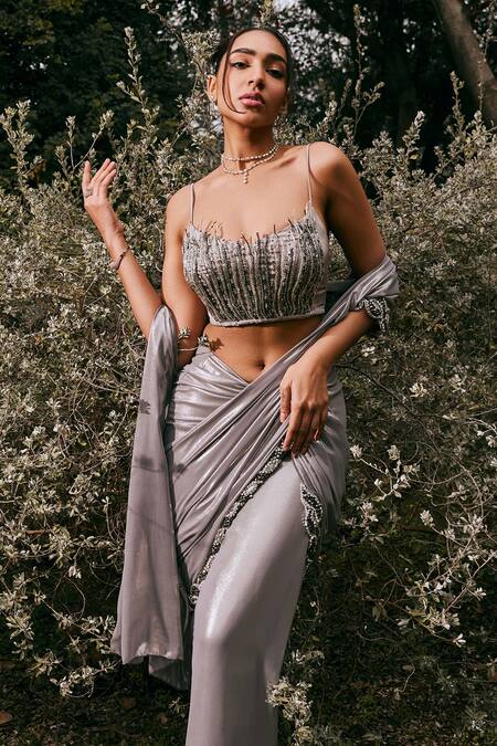 Shop_SAANJH BY LEA_Silver Satin, Chiffon Sobia Embroidered Border Pre-draped Saree With Blouse _Online_at_Aza_Fashions