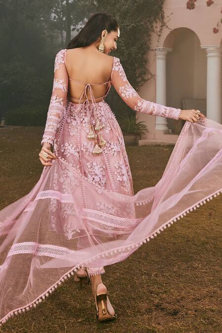 Shop SAANJH BY LEA Pink Maheshwari, Net Embroidery Sweetheart Neck Hand Anarkali Pant Set at Aza Fashions Shop_SAANJH BY LEA_Pink Maheshwari, Net Embroidery Sweetheart Neck Hand Anarkali Pant Set _at_Aza_Fashions