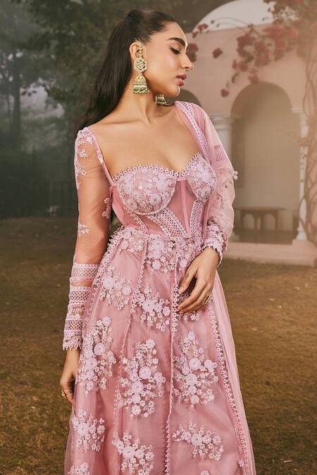 SAANJH BY LEA Pink Maheshwari, Net Embroidery Sweetheart Neck Hand Anarkali Pant Set Online at Aza Fashions SAANJH BY LEA_Pink Maheshwari, Net Embroidery Sweetheart Neck Hand Anarkali Pant Set _Online_at_Aza_Fashions