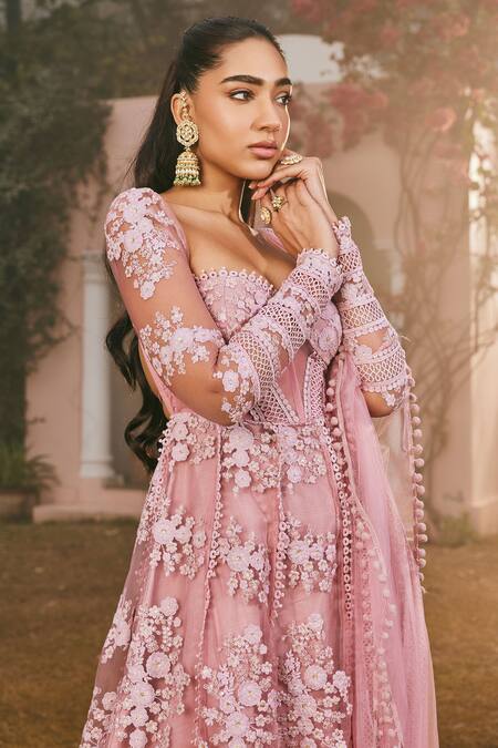 Buy SAANJH BY LEA Pink Maheshwari, Net Embroidery Sweetheart Neck Hand Anarkali Pant Set Online at Aza Fashions Buy_SAANJH BY LEA_Pink Maheshwari, Net Embroidery Sweetheart Neck Hand Anarkali Pant Set _Online_at_Aza_Fashions