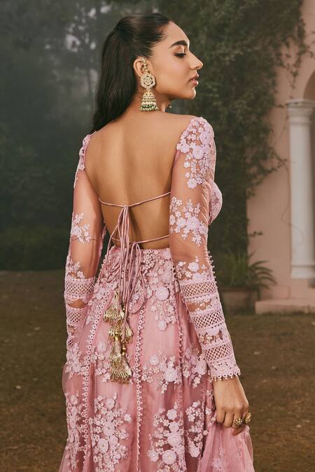 Shop SAANJH BY LEA Pink Maheshwari, Net Embroidery Sweetheart Neck Hand Anarkali Pant Set Online at Aza Fashions Shop_SAANJH BY LEA_Pink Maheshwari, Net Embroidery Sweetheart Neck Hand Anarkali Pant Set _Online_at_Aza_Fashions