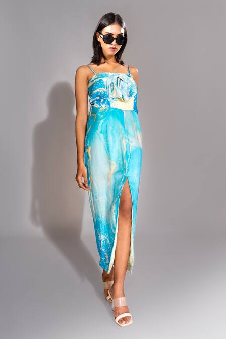 Shruti S Blue Natural Silk Printed Marble Square Slit Dress