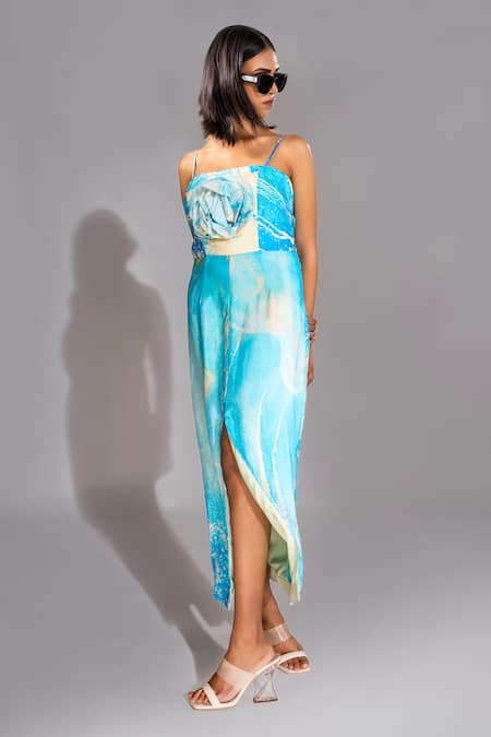Shruti S_Blue Silk Square Neck Marble Print Slit Dress_Online_at_Aza_Fashions
