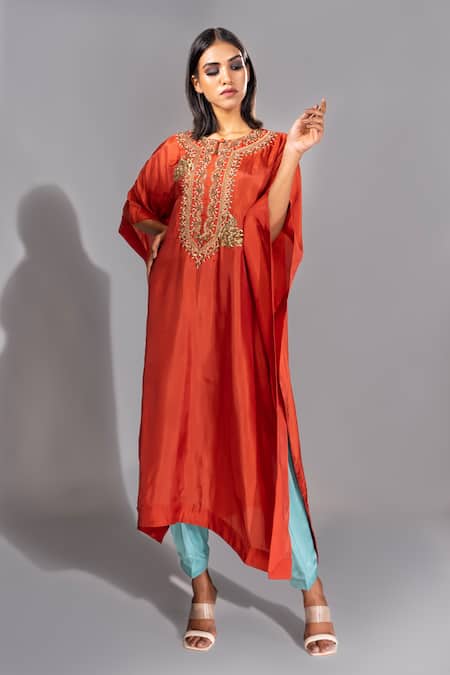 Shruti S Orange Kaftan Silk Hand Embroidered Sequins Round Yoke And Salwar Pant Set