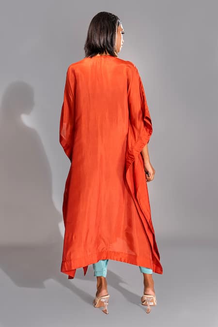 Shop Shruti S Orange Silk, Modal, Satin Embroidery Round Neck Yoke Kaftan And Salwar Pant Set at Aza Fashions Shop_Shruti S_Orange Silk, Modal, Satin Embroidery Round Neck Yoke Kaftan And Salwar Pant Set _at_Aza_Fashions