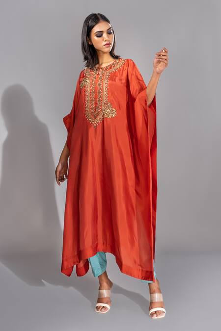 Shruti S Orange Silk, Modal, Satin Embroidery Round Neck Yoke Kaftan And Salwar Pant Set Online at Aza Fashions Shruti S_Orange Silk, Modal, Satin Embroidery Round Neck Yoke Kaftan And Salwar Pant Set _Online_at_Aza_Fashions