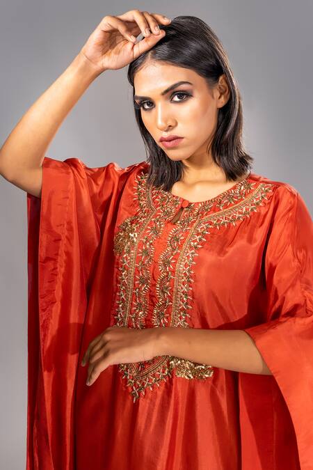 Buy Shruti S Orange Silk, Modal, Satin Embroidery Round Neck Yoke Kaftan And Salwar Pant Set Online at Aza Fashions Buy_Shruti S_Orange Silk, Modal, Satin Embroidery Round Neck Yoke Kaftan And Salwar Pant Set _Online_at_Aza_Fashions