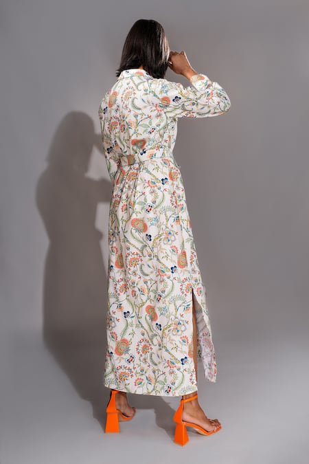 Shop Shruti S Beige Cotton Collared Botanic Print Shirt Dress With Belt at Aza Fashions Shop_Shruti S_Beige Cotton Collared Botanic Print Shirt Dress With Belt _at_Aza_Fashions