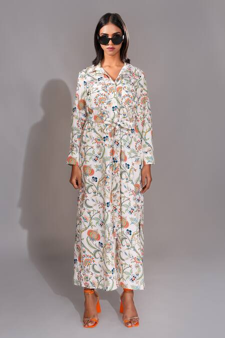 Shruti S Beige Cotton Collared Botanic Print Shirt Dress With Belt Online at Aza Fashions Shruti S_Beige Cotton Collared Botanic Print Shirt Dress With Belt _Online_at_Aza_Fashions