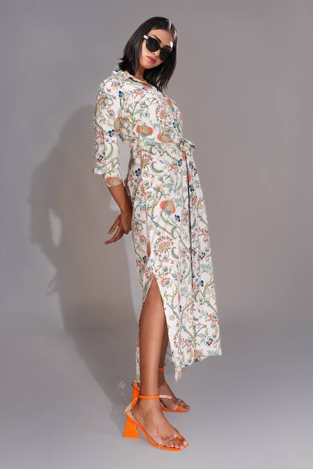 Buy Shruti S Beige Cotton Collared Botanic Print Shirt Dress With Belt Online at Aza Fashions Buy_Shruti S_Beige Cotton Collared Botanic Print Shirt Dress With Belt _Online_at_Aza_Fashions