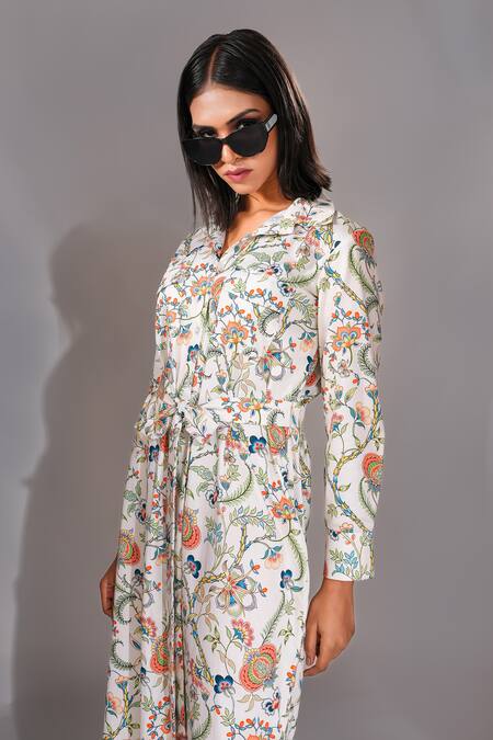 Shop Shruti S Beige Cotton Collared Botanic Print Shirt Dress With Belt Online at Aza Fashions Shop_Shruti S_Beige Cotton Collared Botanic Print Shirt Dress With Belt _Online_at_Aza_Fashions