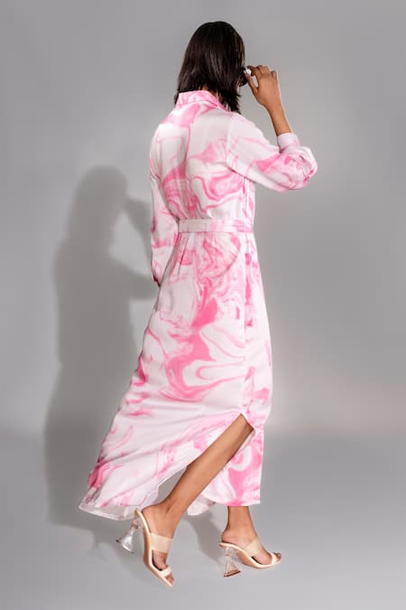 Shop Shruti S Pink Modal, Satin Collared Marble Print Shirt Dress at Aza Fashions Shop_Shruti S_Pink Modal, Satin Collared Marble Print Shirt Dress _at_Aza_Fashions