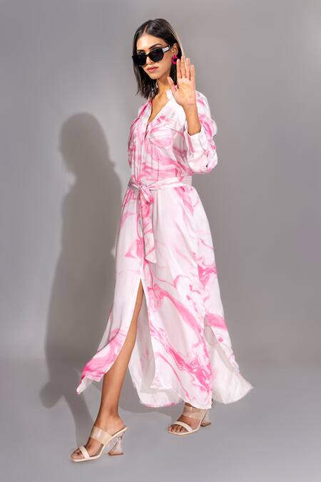 Shruti S Pink Modal, Satin Collared Marble Print Shirt Dress Online at Aza Fashions Shruti S_Pink Modal, Satin Collared Marble Print Shirt Dress _Online_at_Aza_Fashions
