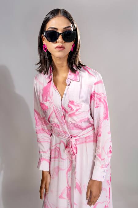 Shop Shruti S Pink Modal, Satin Collared Marble Print Shirt Dress Online at Aza Fashions Shop_Shruti S_Pink Modal, Satin Collared Marble Print Shirt Dress _Online_at_Aza_Fashions
