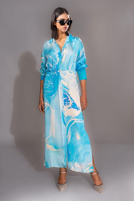 Shruti S Blue Natural Modal Satin Printed Marble Collar Pattern Shirt Dress