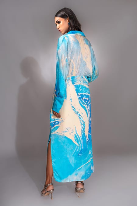 Shop Shruti S Blue Modal Collared Marble Pattern Shirt Dress at Aza Fashions Shop_Shruti S_Blue Modal Collared Marble Pattern Shirt Dress _at_Aza_Fashions