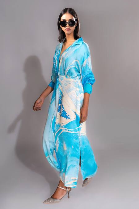 Shruti S Blue Modal Collared Marble Pattern Shirt Dress Online at Aza Fashions Shruti S_Blue Modal Collared Marble Pattern Shirt Dress _Online_at_Aza_Fashions