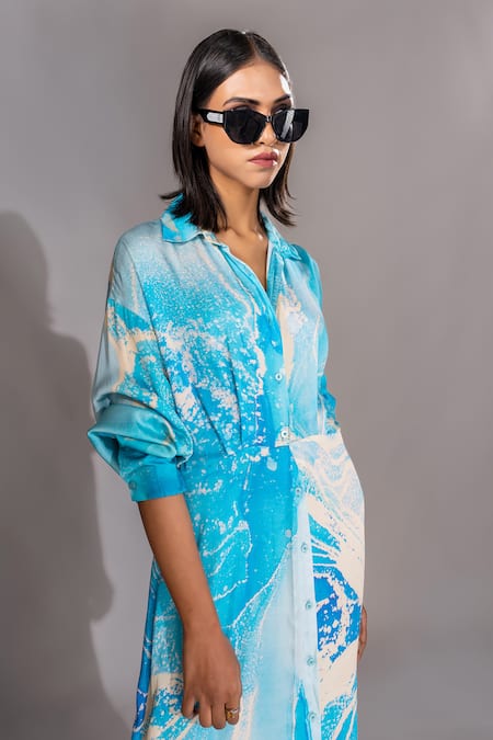 Buy Shruti S Blue Modal Collared Marble Pattern Shirt Dress Online at Aza Fashions Buy_Shruti S_Blue Modal Collared Marble Pattern Shirt Dress _Online_at_Aza_Fashions
