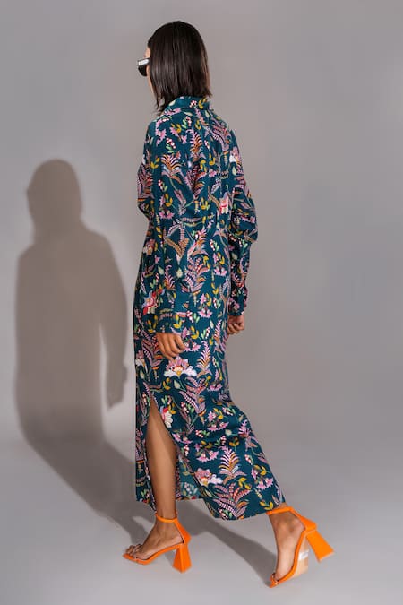 Shop Shruti S Blue Cotton Collared Botanic Print Shirt Dress at Aza Fashions Shop_Shruti S_Blue Cotton Collared Botanic Print Shirt Dress _at_Aza_Fashions