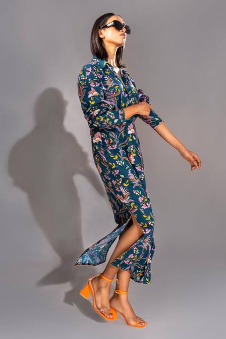 Shruti S Blue Cotton Collared Botanic Print Shirt Dress Online at Aza Fashions Shruti S_Blue Cotton Collared Botanic Print Shirt Dress _Online_at_Aza_Fashions