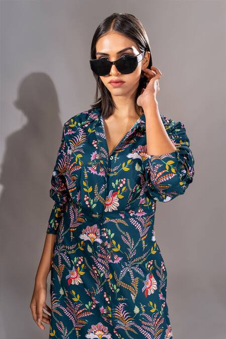 Buy Shruti S Blue Cotton Collared Botanic Print Shirt Dress Online at Aza Fashions Buy_Shruti S_Blue Cotton Collared Botanic Print Shirt Dress _Online_at_Aza_Fashions