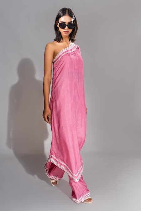 Shruti S_Pink One Shoulder Embroidered Tunic And Pant Set _Online_at_Aza_Fashions