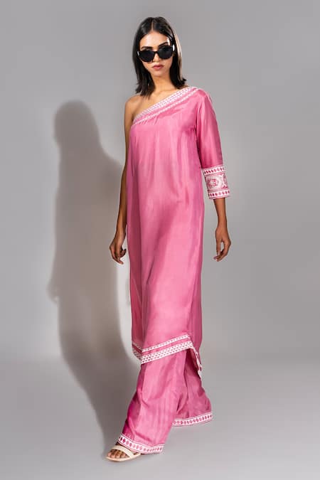 Buy_Shruti S_Pink One Shoulder Embroidered Tunic And Pant Set _Online_at_Aza_Fashions